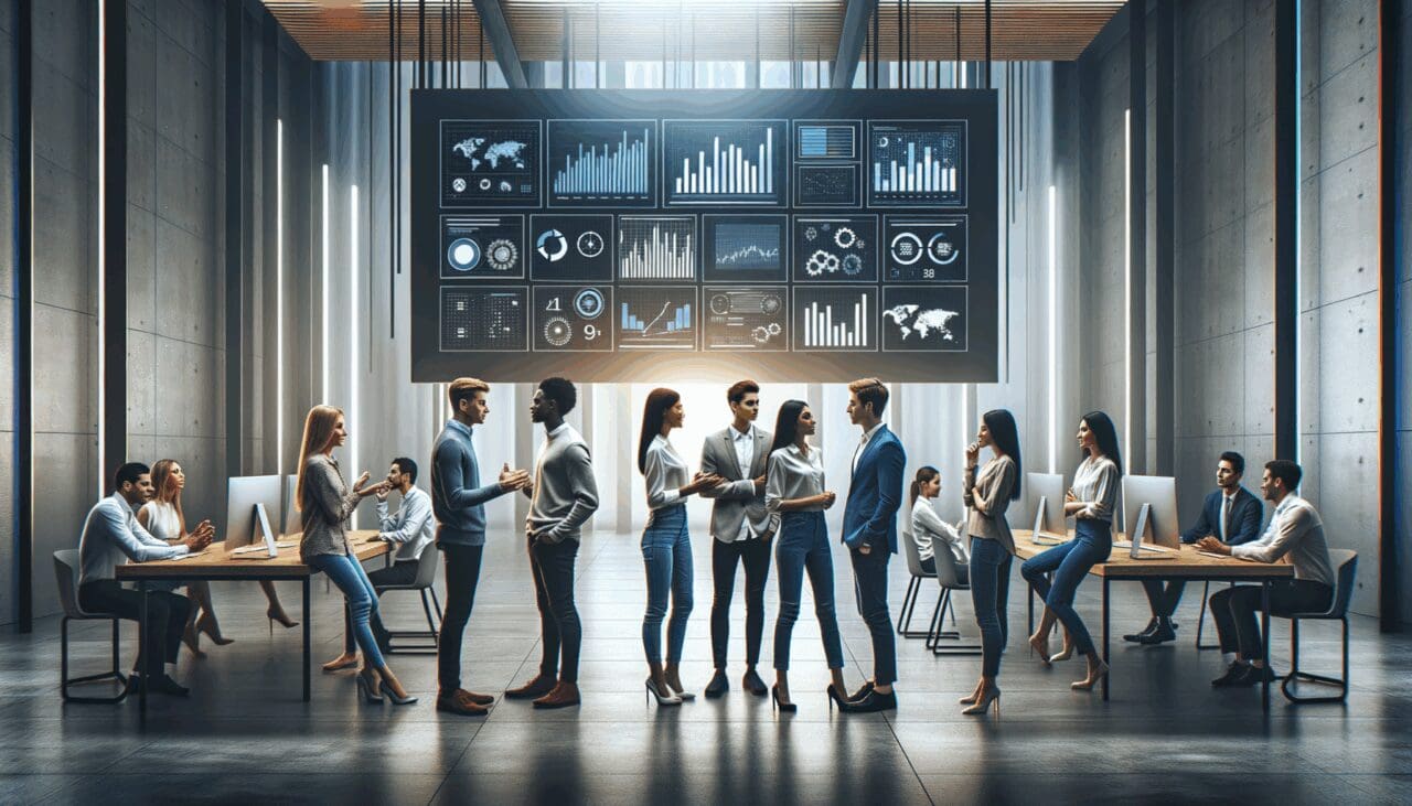 Grupo de jóvenes emprendedores conversando frente a pantallas con gráficos digitales y ambiente tecnológico.