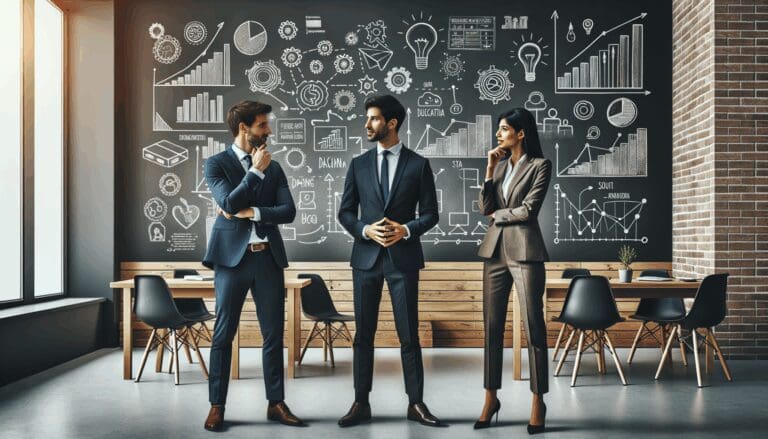 Tres emprendedores discuten ideas frente a pizarras con gráficos innovadores, fondo de coworking moderno.