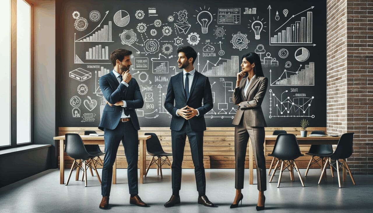 Tres emprendedores discuten ideas frente a pizarras con gráficos innovadores, fondo de coworking moderno.