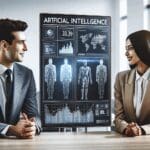 Dos empresarios conversando frente a una pantalla con gráficos digitales y temas de inteligencia artificial.