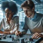 Dos jóvenes desarrolladores analizando prototipos tecnológicos en un entorno moderno y luminoso.