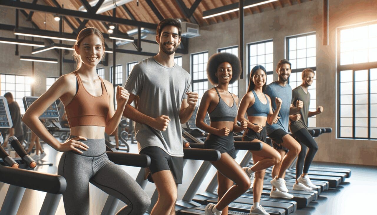 Personas diversas ejercitándose en un gimnasio moderno y bien iluminado, ambiente accesible e inclusivo.