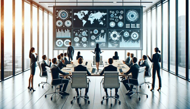 Reunión de emprendedores en una oficina moderna con pantallas y diagramas.