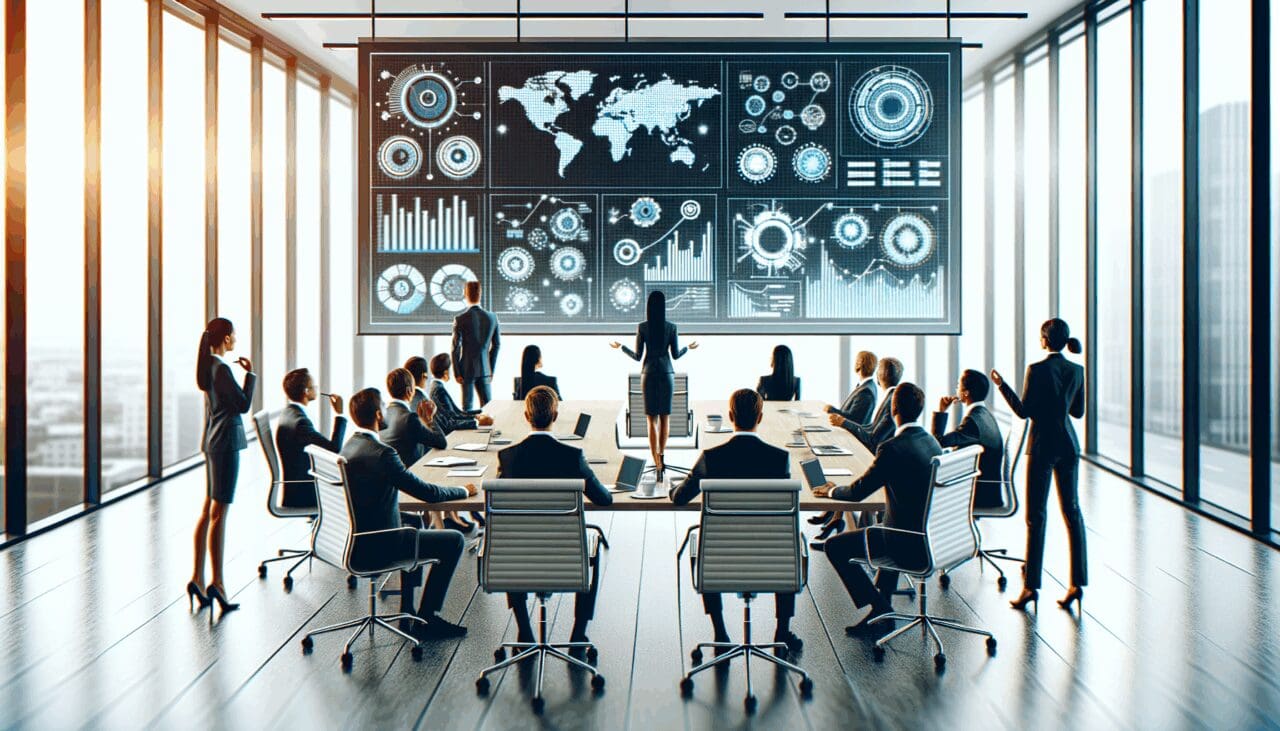 Reunión de emprendedores en una oficina moderna con pantallas y diagramas.