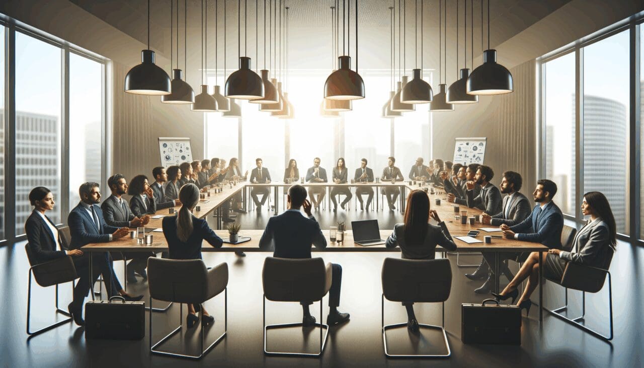 Sala de reuniones con emprendedores discutiendo estrategias tecnológicas.