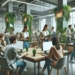 Fotografía de jóvenes emprendedores colaborando en un espacio de coworking verde y moderno, rodeados de plantas y pantallas digitales.
