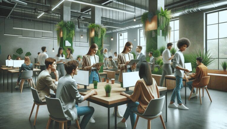 Fotografía de jóvenes emprendedores colaborando en un espacio de coworking verde y moderno, rodeados de plantas y pantallas digitales.