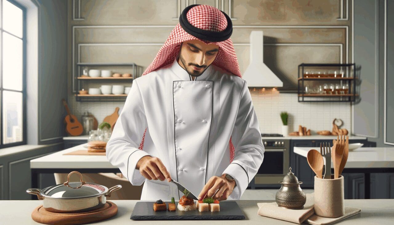 Chef preparando platos gourmet en una cocina moderna y elegante.