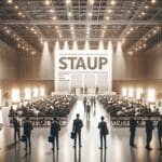 Gran salón de conferencias lleno de emprendedores y stands de startups iluminados.