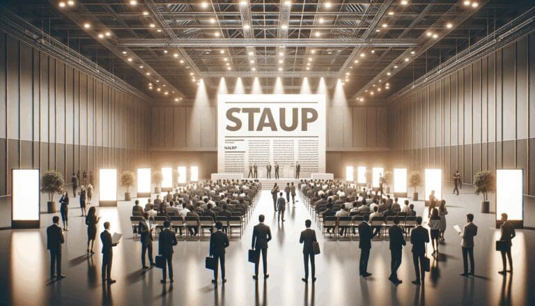 Gran salón de conferencias lleno de emprendedores y stands de startups iluminados.