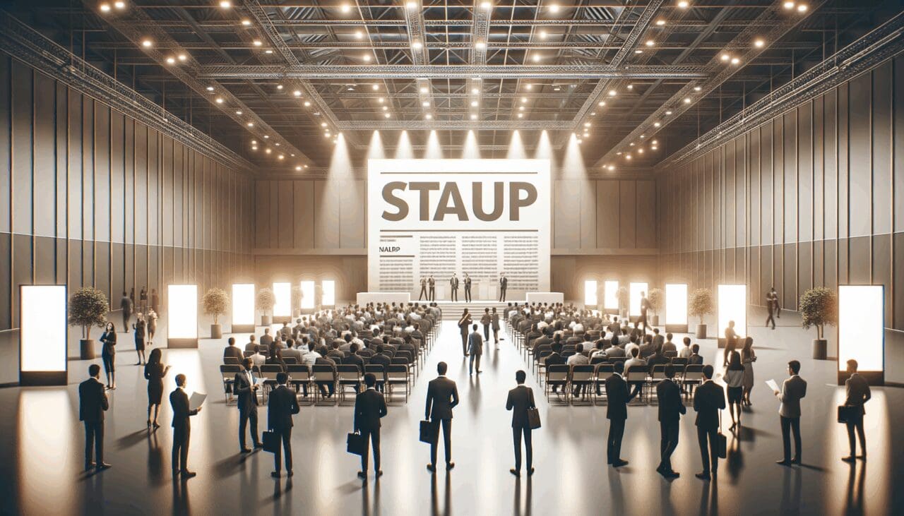 Gran salón de conferencias lleno de emprendedores y stands de startups iluminados.