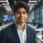 Retrato profesional de un joven líder latinoamericano en oficina moderna con ambiente tecnológico.