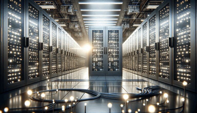 Primer plano de un centro de datos con luces y cables, enfoque tecnológico y moderno.
