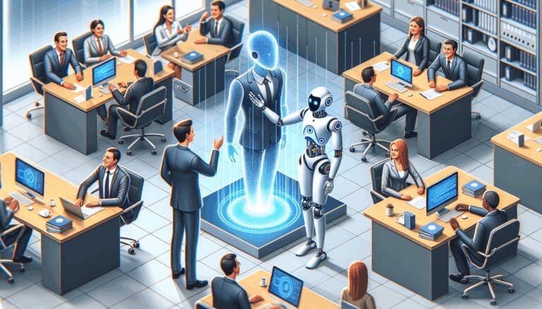 Ilustración conceptual de una inteligencia artificial interactuando con empleados gubernamentales en una oficina moderna.