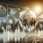 Gráfico digital representando criptomonedas y gráficos financieros en un ambiente tecnológico moderno.