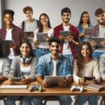 Jóvenes usando computadoras y tabletas en un moderno entorno educativo, con elementos de videojuegos discretos.