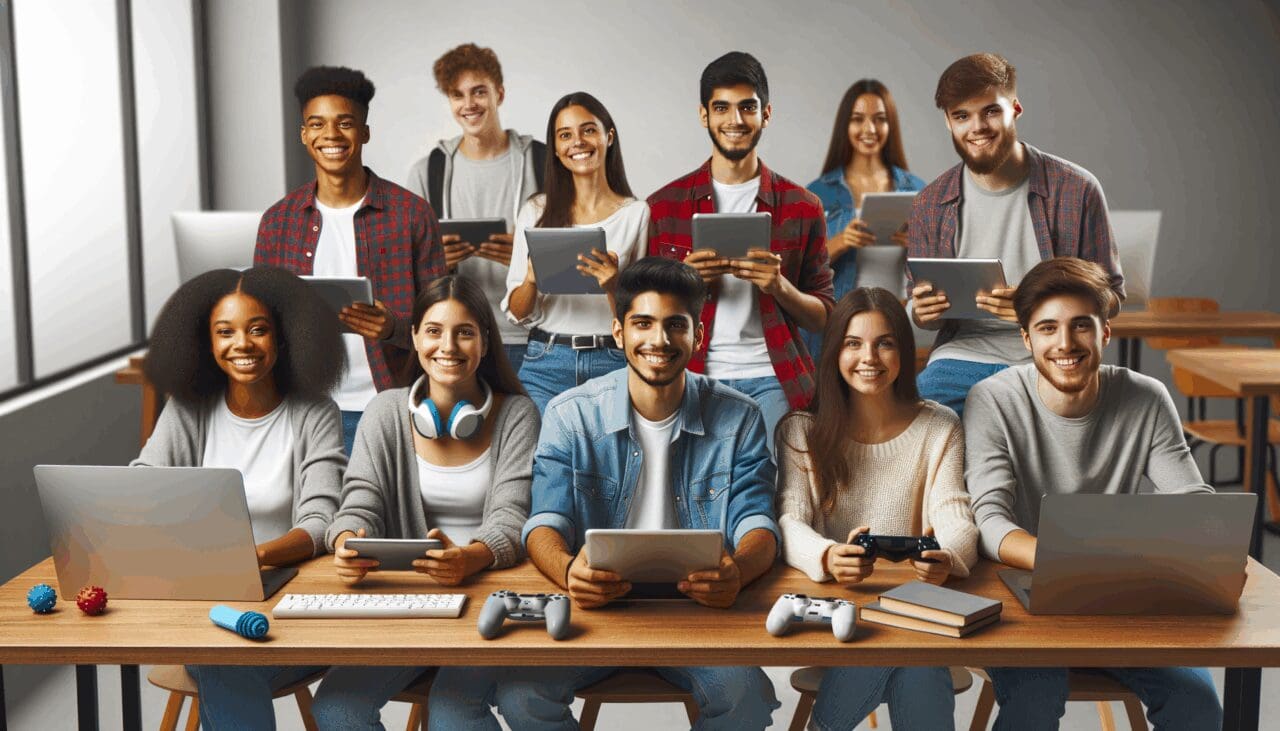 Jóvenes usando computadoras y tabletas en un moderno entorno educativo, con elementos de videojuegos discretos.