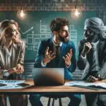 Tres emprendedores debatiendo en una sala moderna con fondo de pizarras y laptops.