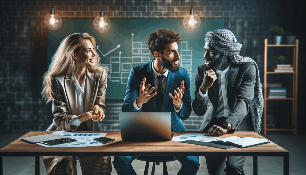 Tres emprendedores debatiendo en una sala moderna con fondo de pizarras y laptops.