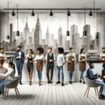 Baristas sirviendo café en una cafetería moderna con ambiente urbano y clientes jóvenes.