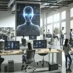 Oficina moderna de una startup tecnológica, computadores con pantallas de inteligencia artificial y personas colaborando en un espacio abierto.