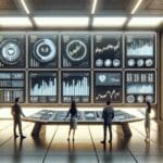 Paneles de control futuristas en una sala de energía, con pantallas mostrando gráficos de datos financieros y personas revisando información.