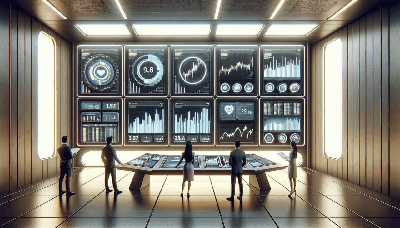 Paneles de control futuristas en una sala de energía, con pantallas mostrando gráficos de datos financieros y personas revisando información.