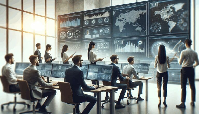 Equipo de trabajo en una oficina moderna, mirando pantallas con gráficos y tecnología, ambiente colaborativo.