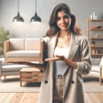 Fotografía de una joven emprendedora mostrando muebles a medida en un espacio moderno y luminoso.