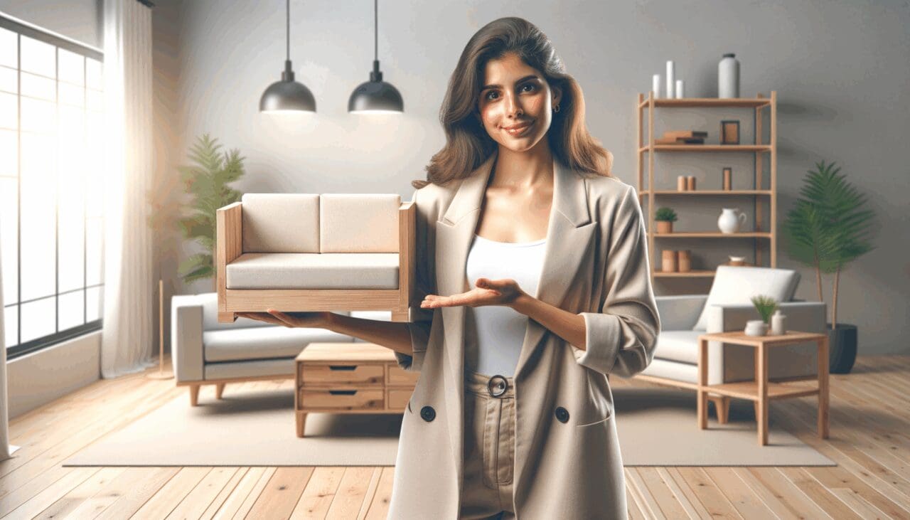 Fotografía de una joven emprendedora mostrando muebles a medida en un espacio moderno y luminoso.