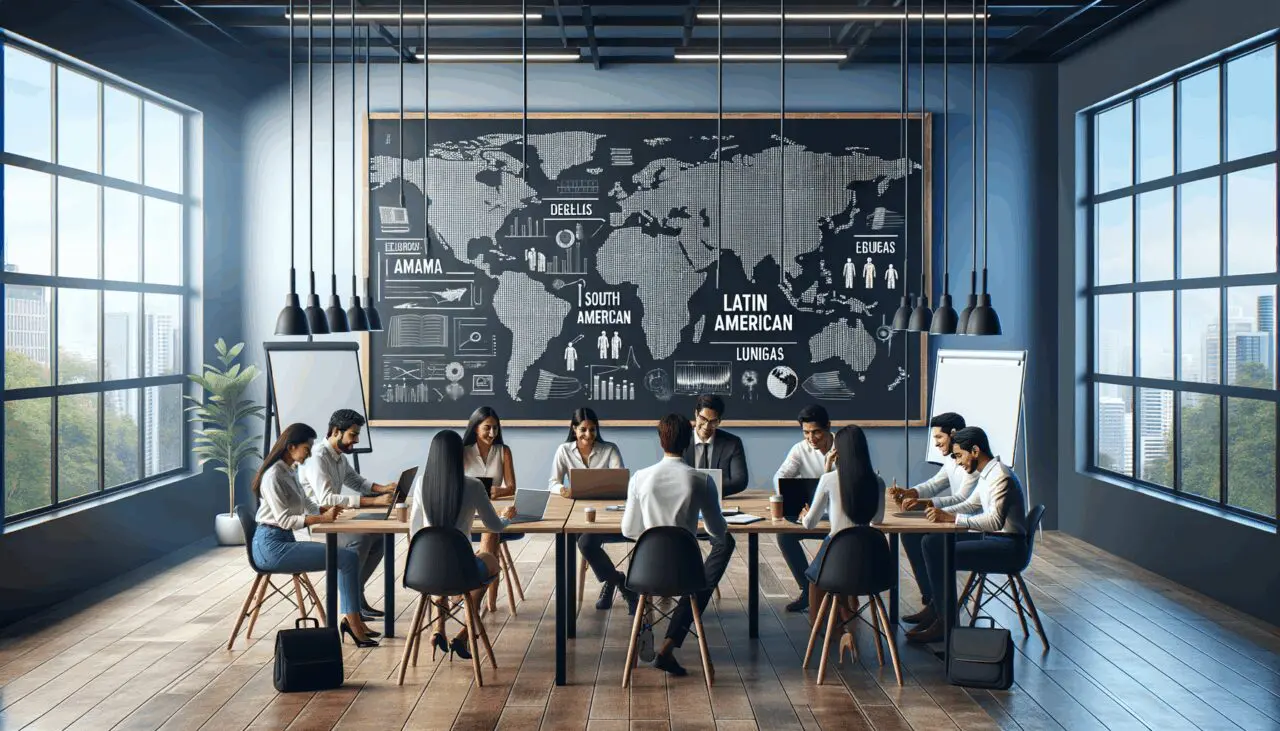 Personas colaborando en una sala de coworking moderna con pizarras electrónicas y laptops, ambiente profesional y latinoamericano.