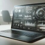 Primer plano de una laptop moderna con gráficos digitales y ventanas emergentes, ambiente de oficina tecnológica.