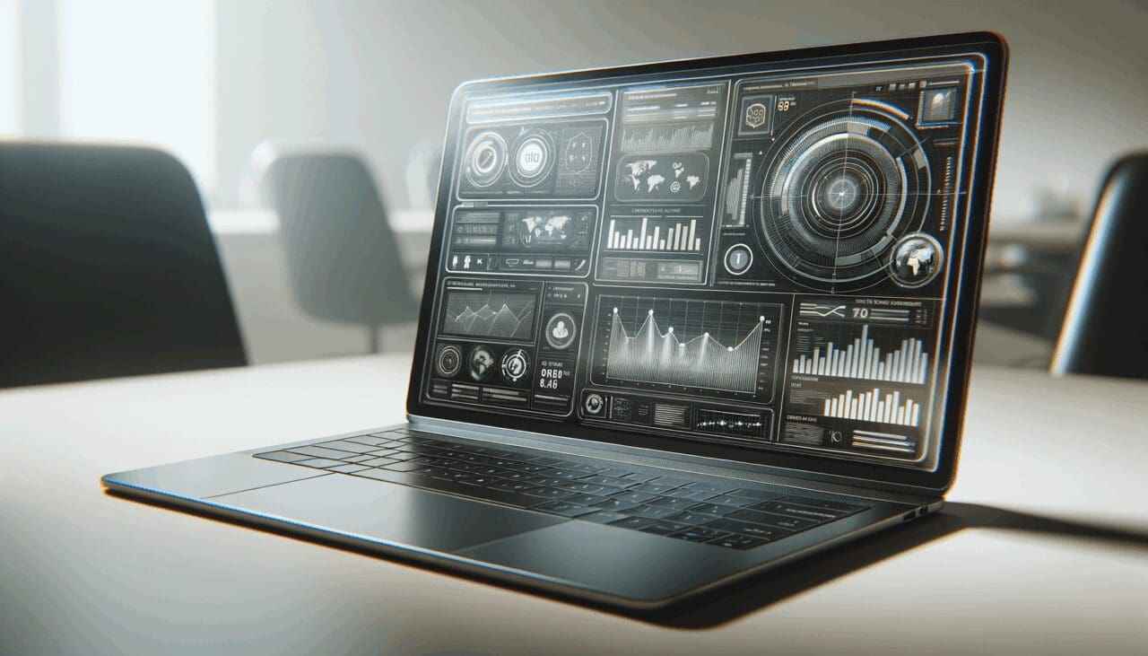 Primer plano de una laptop moderna con gráficos digitales y ventanas emergentes, ambiente de oficina tecnológica.