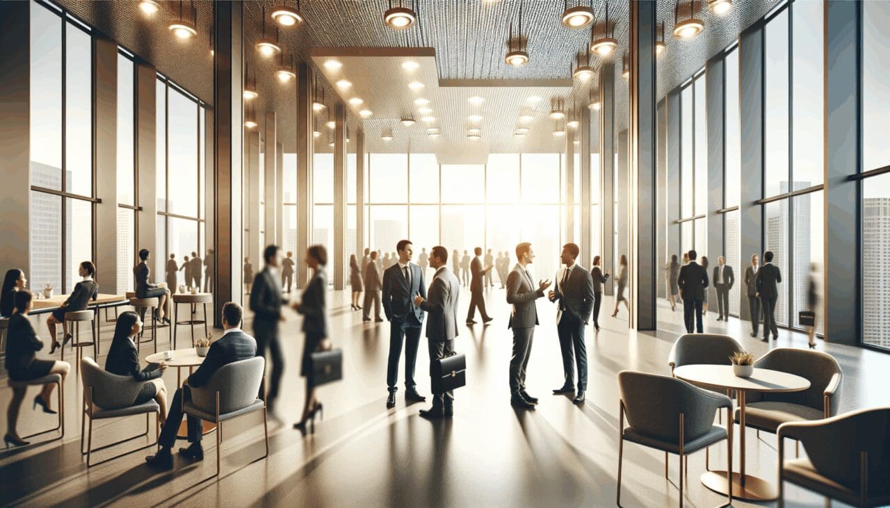 Fotografía editorial de un evento networking entre emprendedores e inversores en un espacio moderno y luminoso.