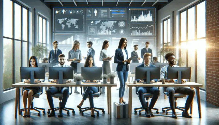 Equipo de emprendedores tecnológicos trabajando frente a pantallas con gráficos de datos en un espacio moderno.