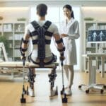 Paciente en rehabilitación utilizando un exoesqueleto robótico en un entorno clínico moderno y luminoso.