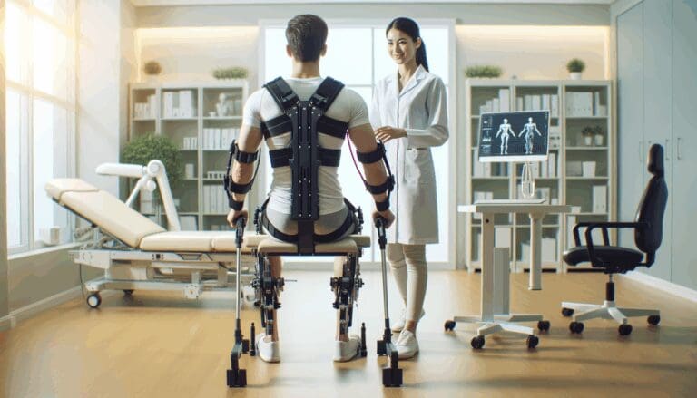 Paciente en rehabilitación utilizando un exoesqueleto robótico en un entorno clínico moderno y luminoso.