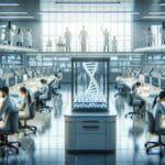 Laboratorio moderno con equipos tecnológicos y científicos trabajando en biotecnología.