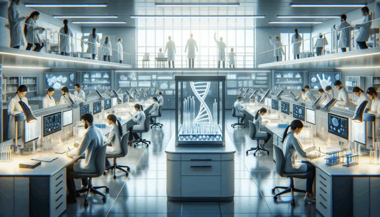 Laboratorio moderno con equipos tecnológicos y científicos trabajando en biotecnología.