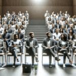 Conferencia de startups con público diverso en un auditorio moderno, enfoque en innovación y tecnología.