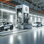 Fábrica moderna con vehículos eléctricos en línea de ensamblaje, ambiente limpio y tecnológico.