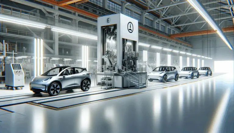 Fábrica moderna con vehículos eléctricos en línea de ensamblaje, ambiente limpio y tecnológico.
