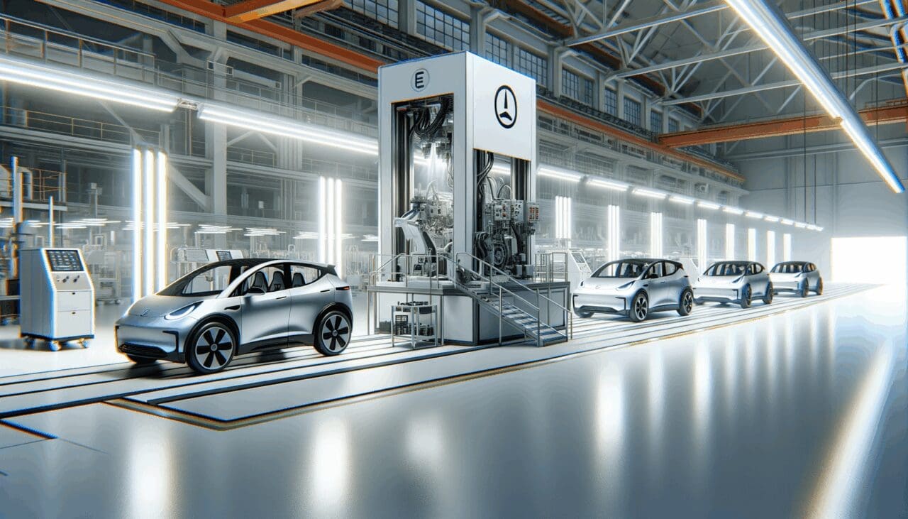 Fábrica moderna con vehículos eléctricos en línea de ensamblaje, ambiente limpio y tecnológico.