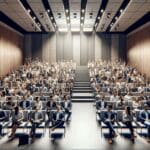 Auditorio moderno con emprendedores y expertos participando en un evento tecnológico.