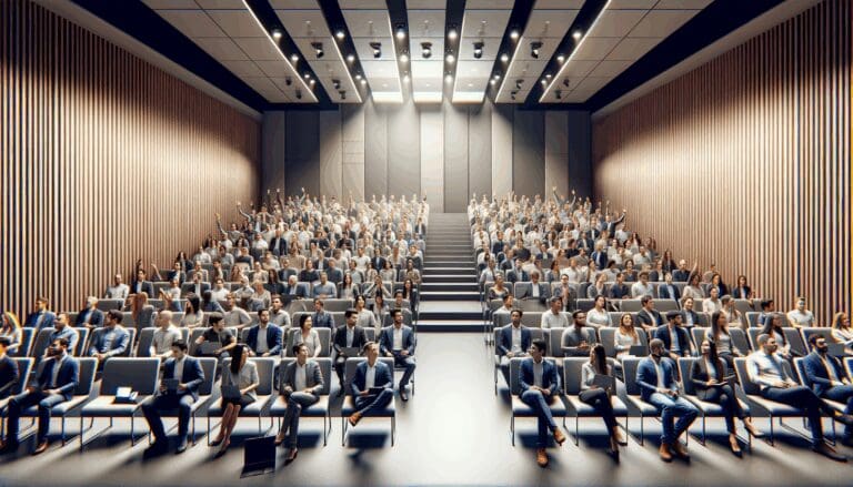 Auditorio moderno con emprendedores y expertos participando en un evento tecnológico.