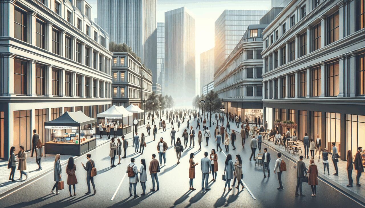 Calles de una ciudad vibrante cerradas para un evento de networking de startups, con personas interactuando y stands tecnológicos bajo luz de día.