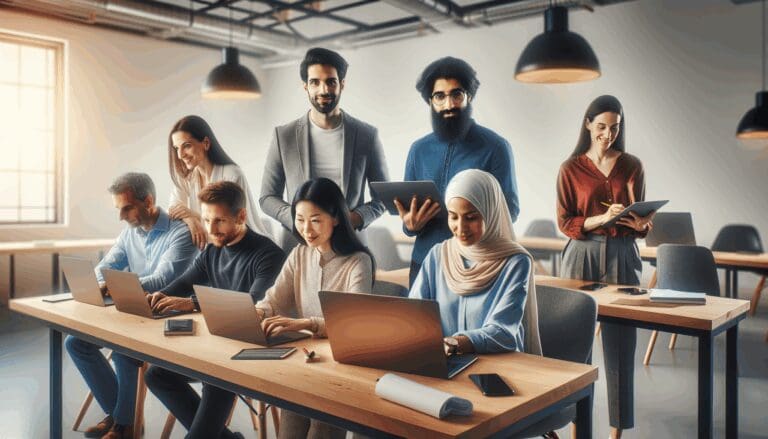 Grupo diverso de emprendedores colaborando en un espacio de coworking moderno y tecnológico.