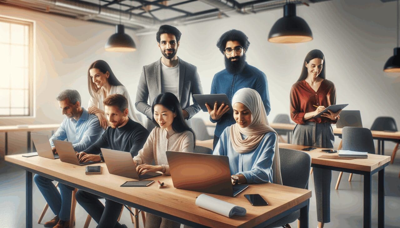 Grupo diverso de emprendedores colaborando en un espacio de coworking moderno y tecnológico.