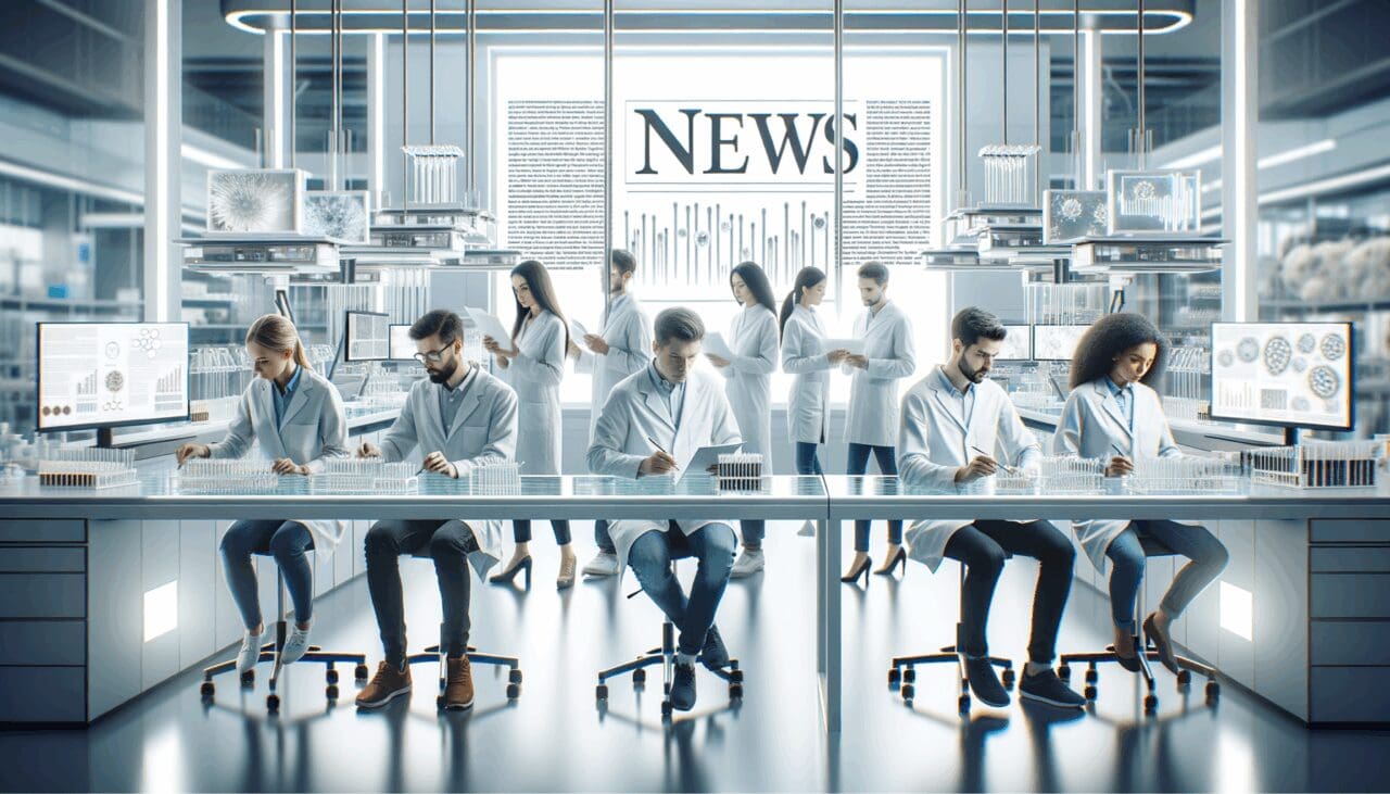 Equipo de científicos trabajando en un laboratorio de biotecnología moderno, rodeados de tecnología avanzada.