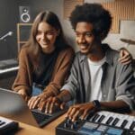 Dos jóvenes emprendedores argentinos usando una laptop en un estudio musical moderno, rodeados de instrumentos y dispositivos digitales.